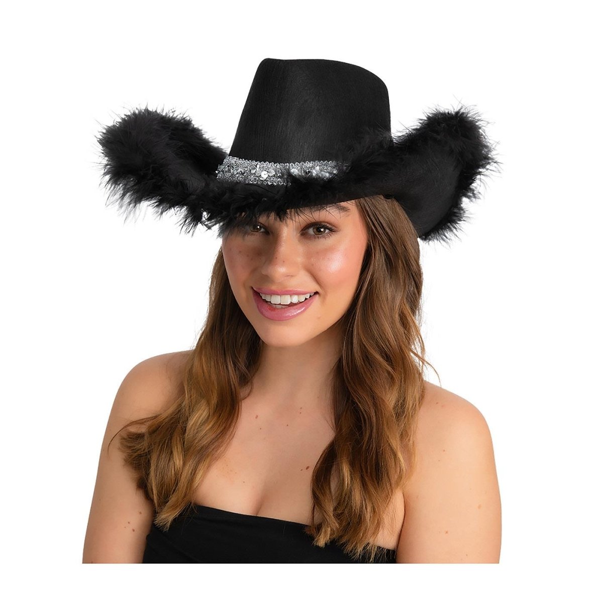 Wicked Costumes Ltd - Sequins & Marabou Feather Texan Cowboy Hat (Black) - Adult - Fancy Dress Central