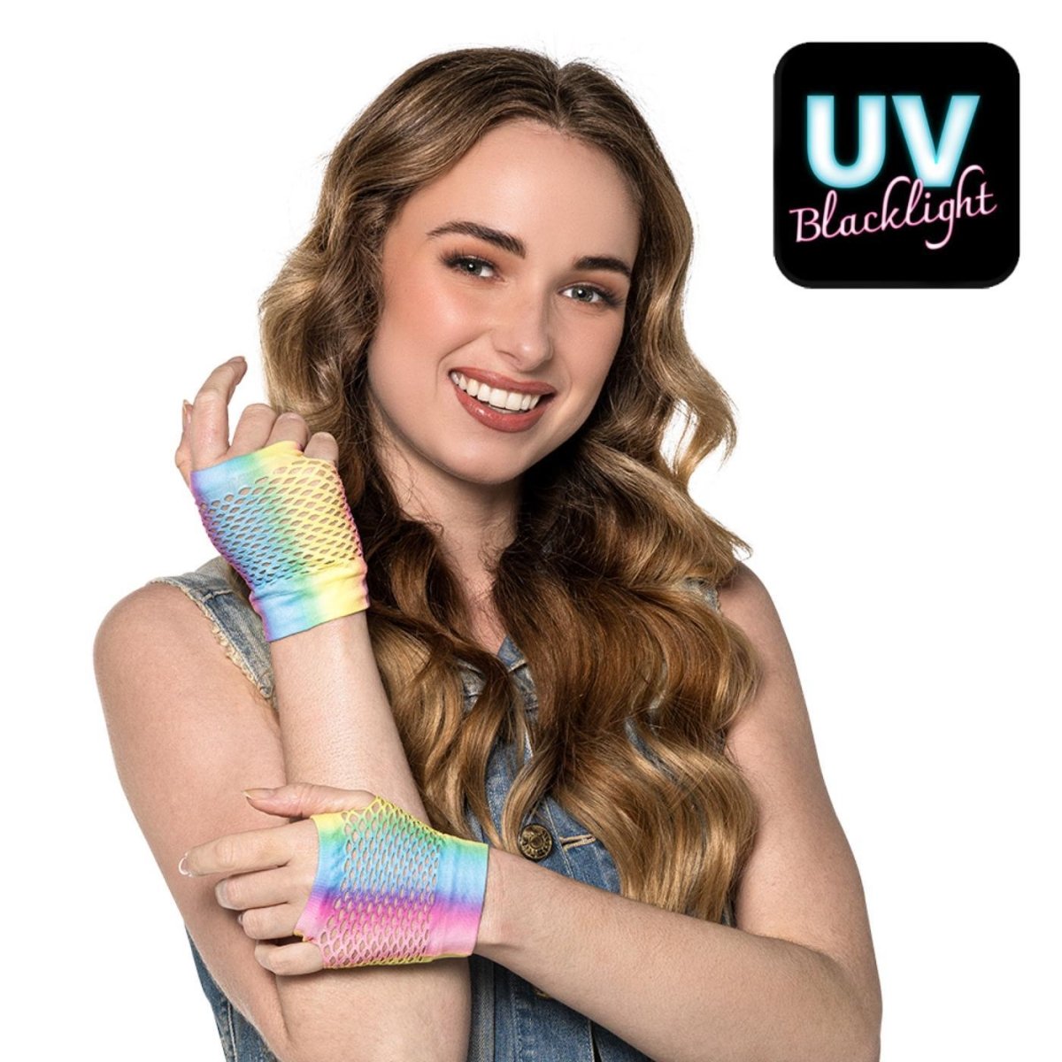 Boland - Short Mesh Fingerless Gloves (Rainbow) - Adult - Fancy Dress Central