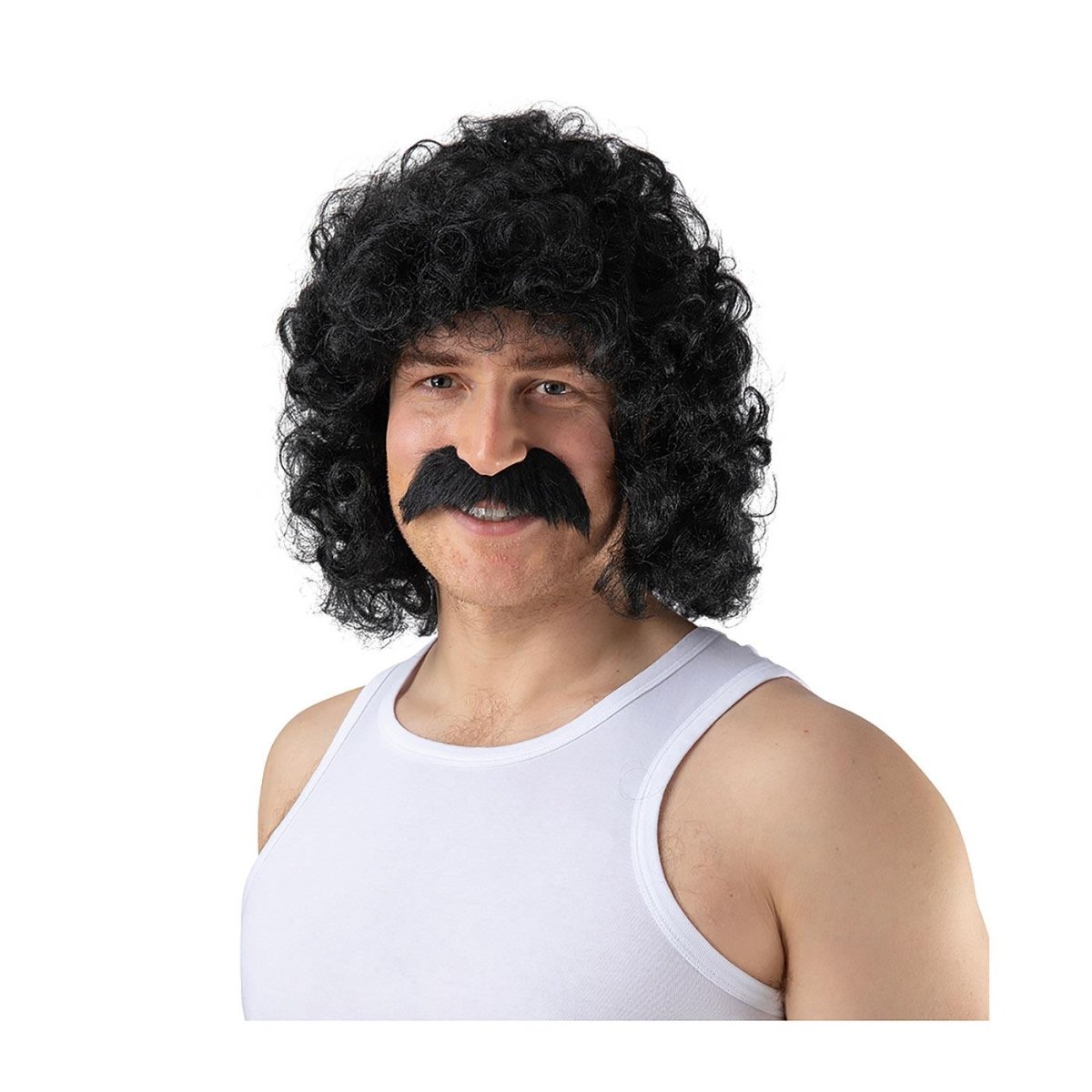 Wicked Costumes Ltd - Perm Wig with Moustache (Black) - Adult - Fancy Dress Central