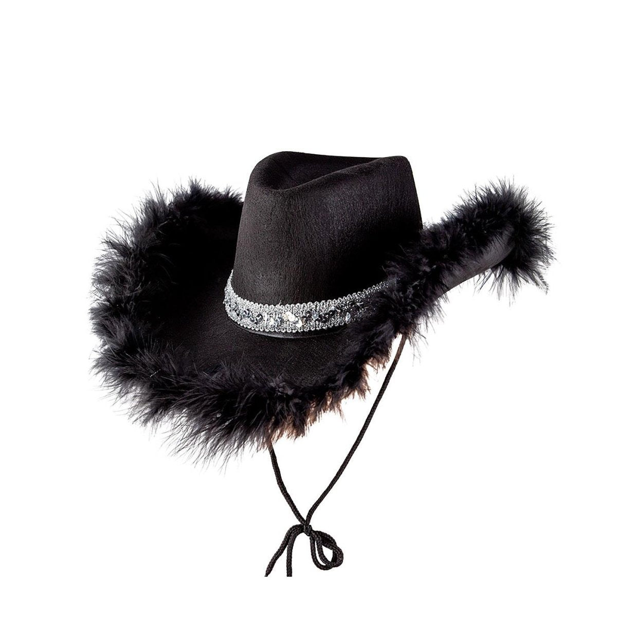 Wicked Costumes Ltd - Sequins & Marabou Feather Texan Cowboy Hat (Black) - Adult - Fancy Dress Central