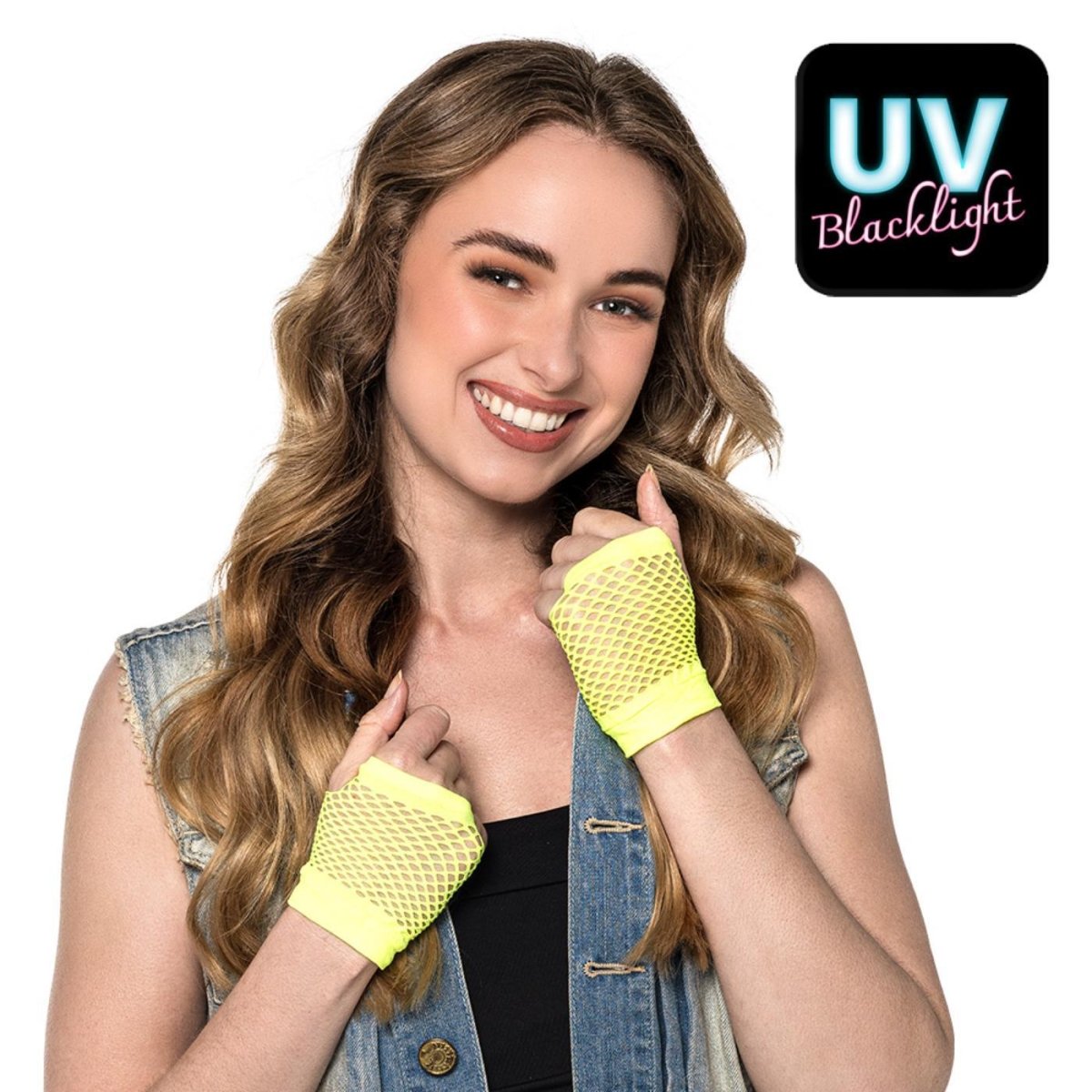 Boland - Short Mesh Fingerless Gloves (Neon Yellow) - Adult - Fancy Dress Central