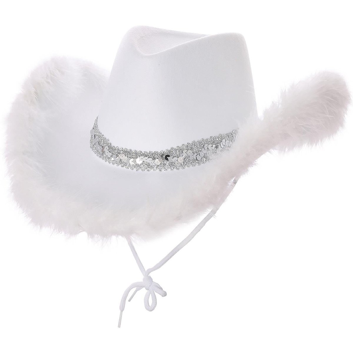 Wicked Costumes Ltd - Sequins & Marabou Feather Texan Cowboy Hat (White) - Adult - Fancy Dress Central