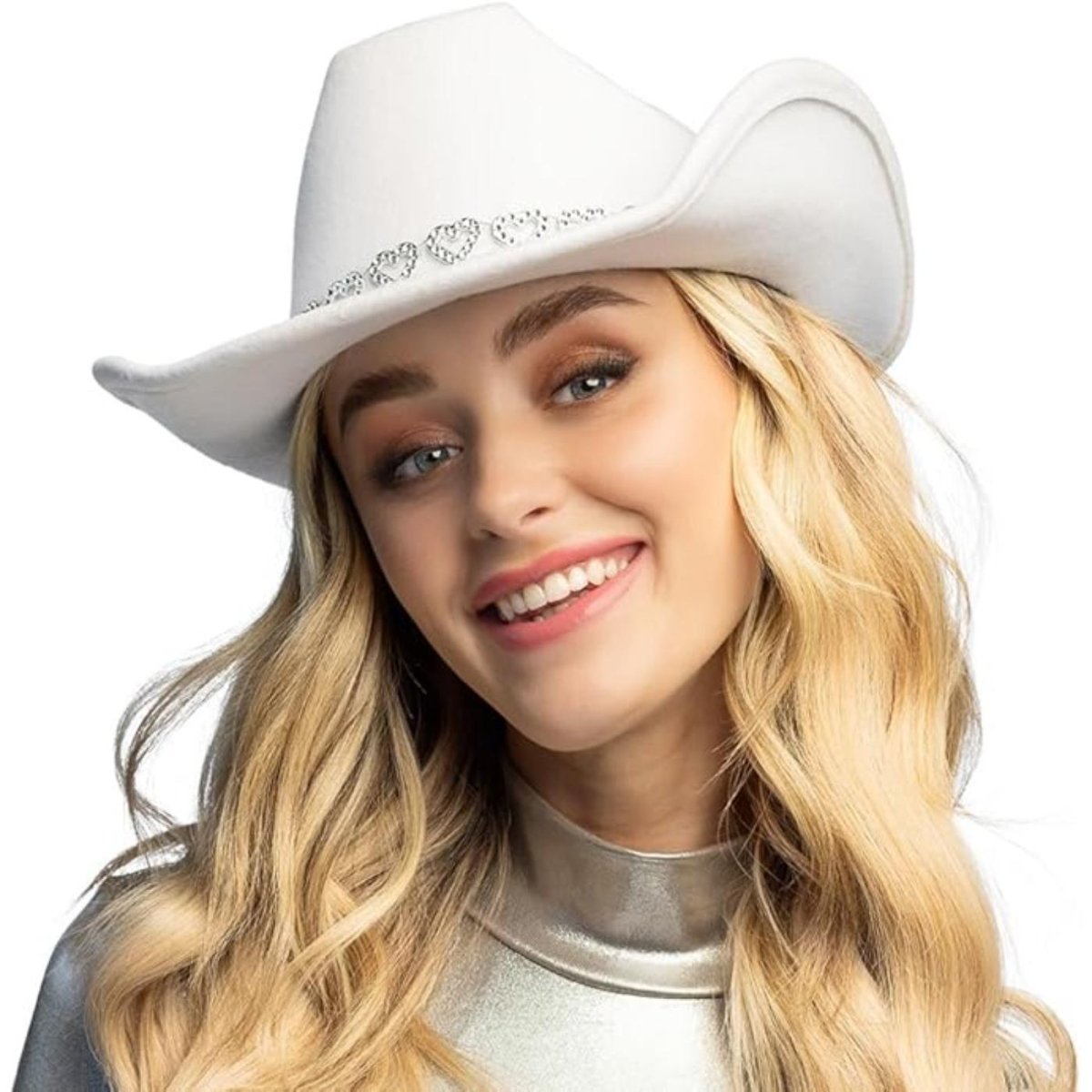 Boland - Silver Hearts Cowboy Hat (White) - Adult - Fancy Dress Central