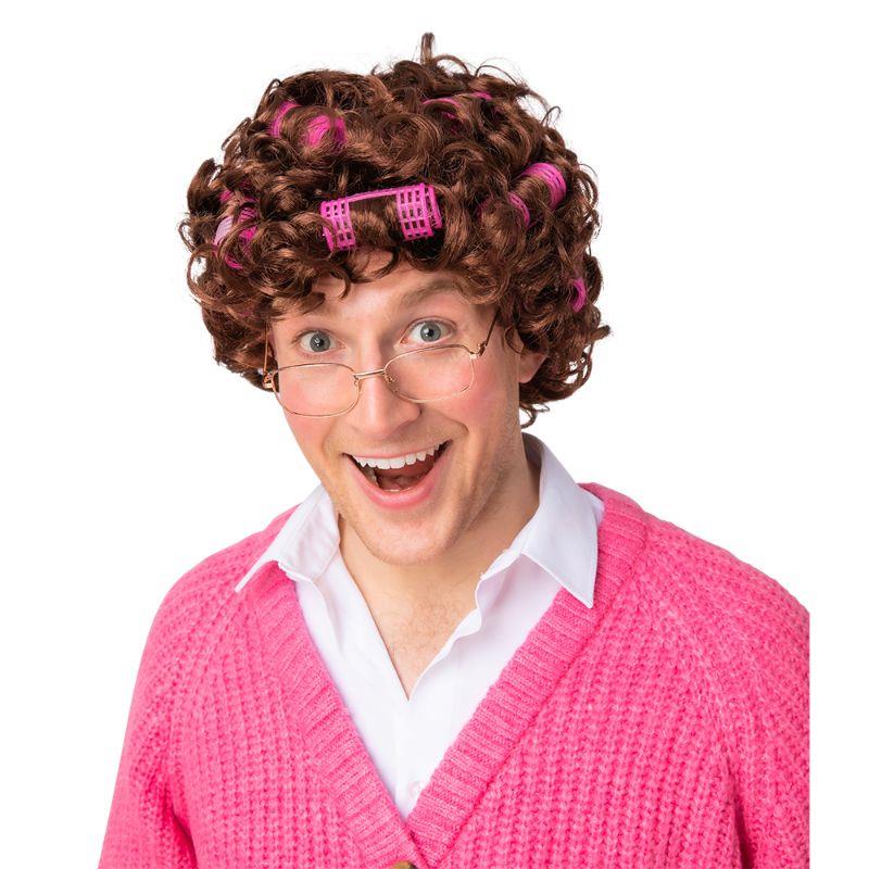 Granny Wig with Rollers (Brown) - Adult