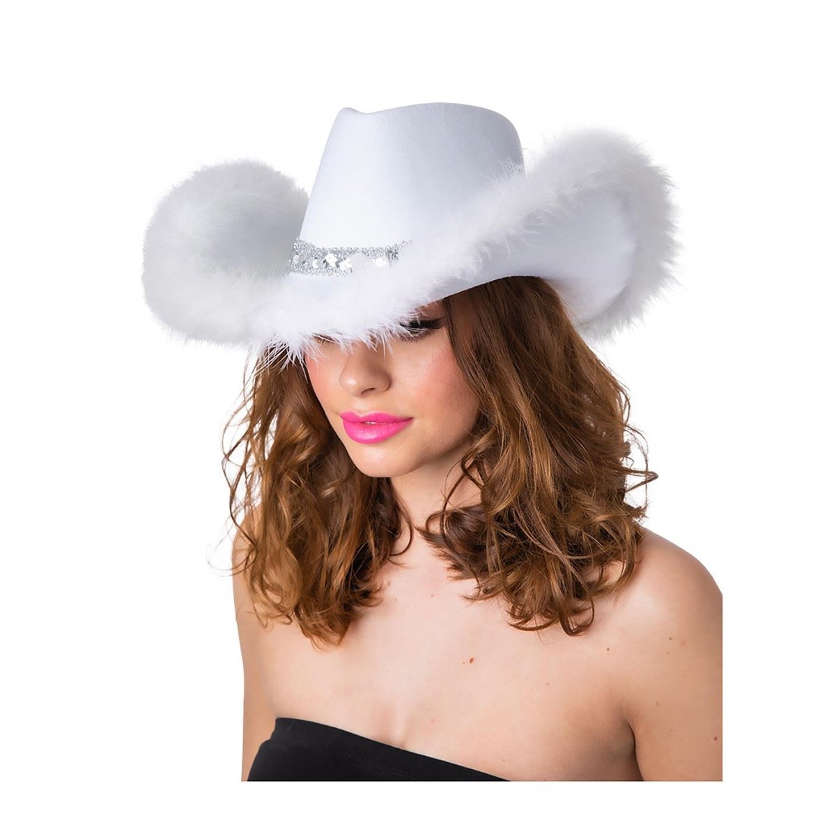 Wicked Costumes Ltd - Sequins & Marabou Feather Texan Cowboy Hat (White) - Adult - Fancy Dress Central