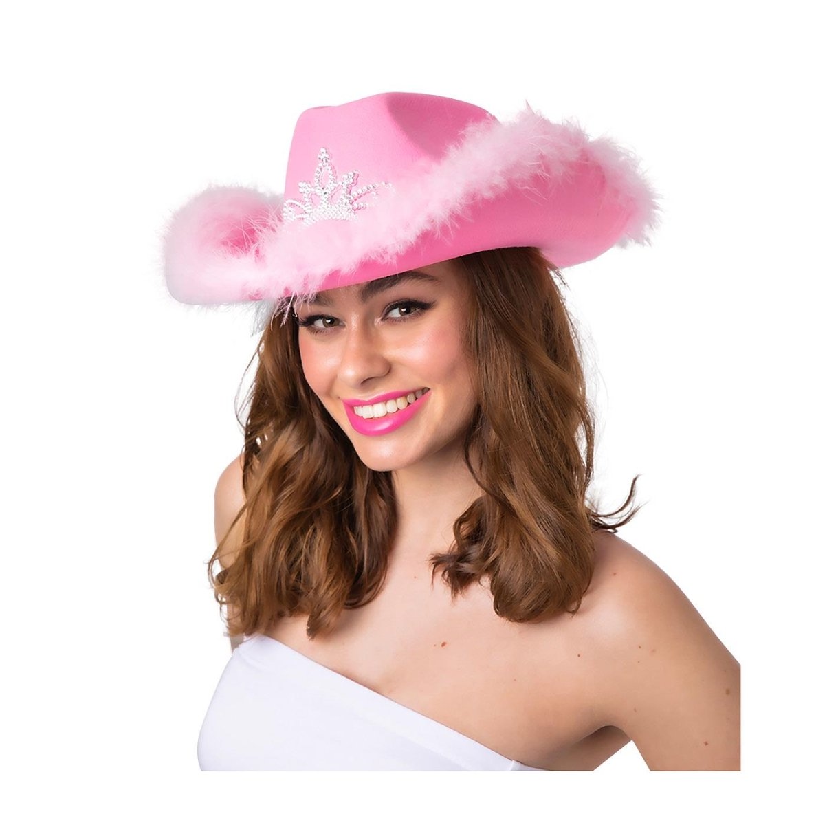 Wicked Costumes Ltd - Pink Tiara & Feather Texan Cowboy Hat - Adult - Fancy Dress Central