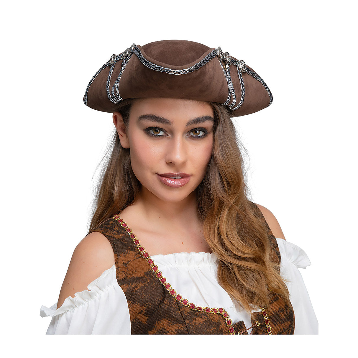 Brown Pirate Hat with Silver Trim - Adult