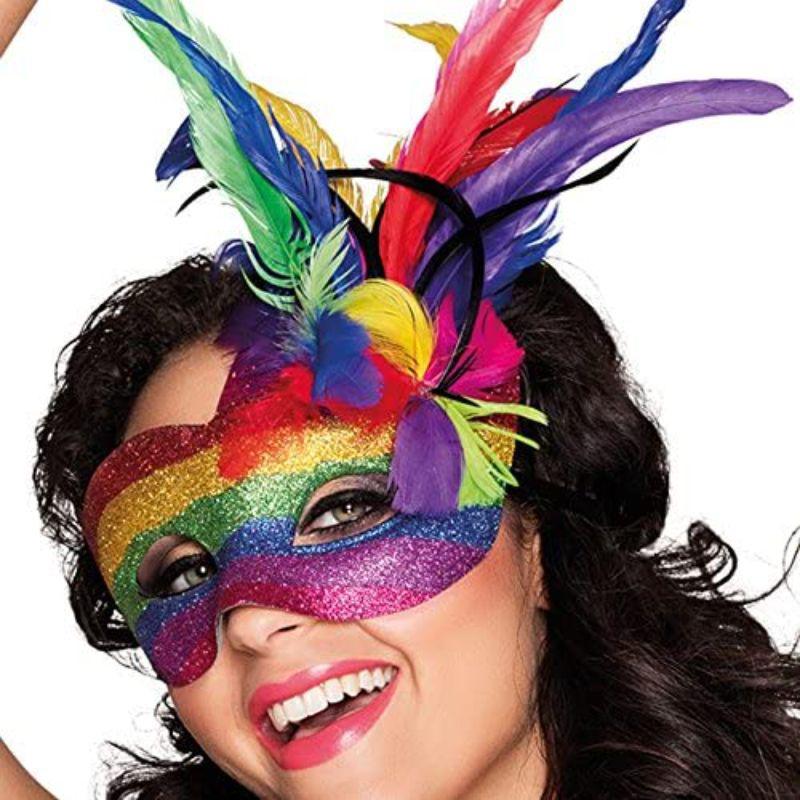 Boland Carnival Rainbow Glitter Mask with Feathers Fancy Dress Accessory