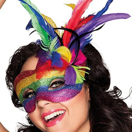 Boland Carnival Rainbow Glitter Mask with Feathers Fancy Dress Accessory