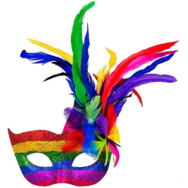 Boland Carnival Rainbow Glitter Mask with Feathers Fancy Dress Accessory