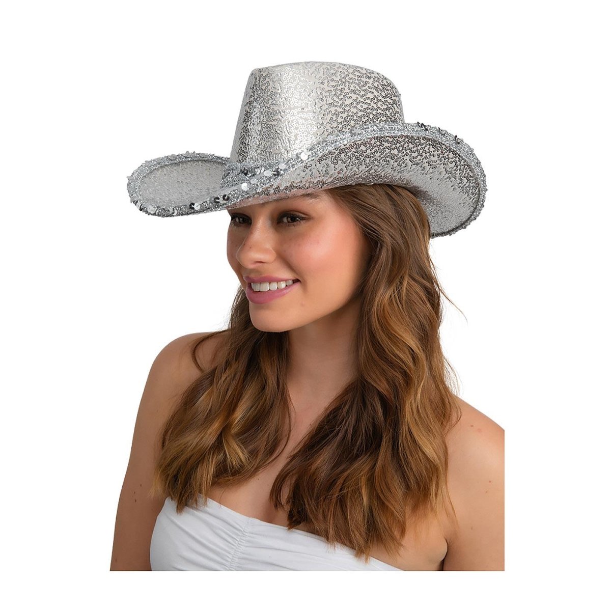 Wicked Costumes Ltd - Silver Sequin Texan Cowboy Hat - Adult - Fancy Dress Central
