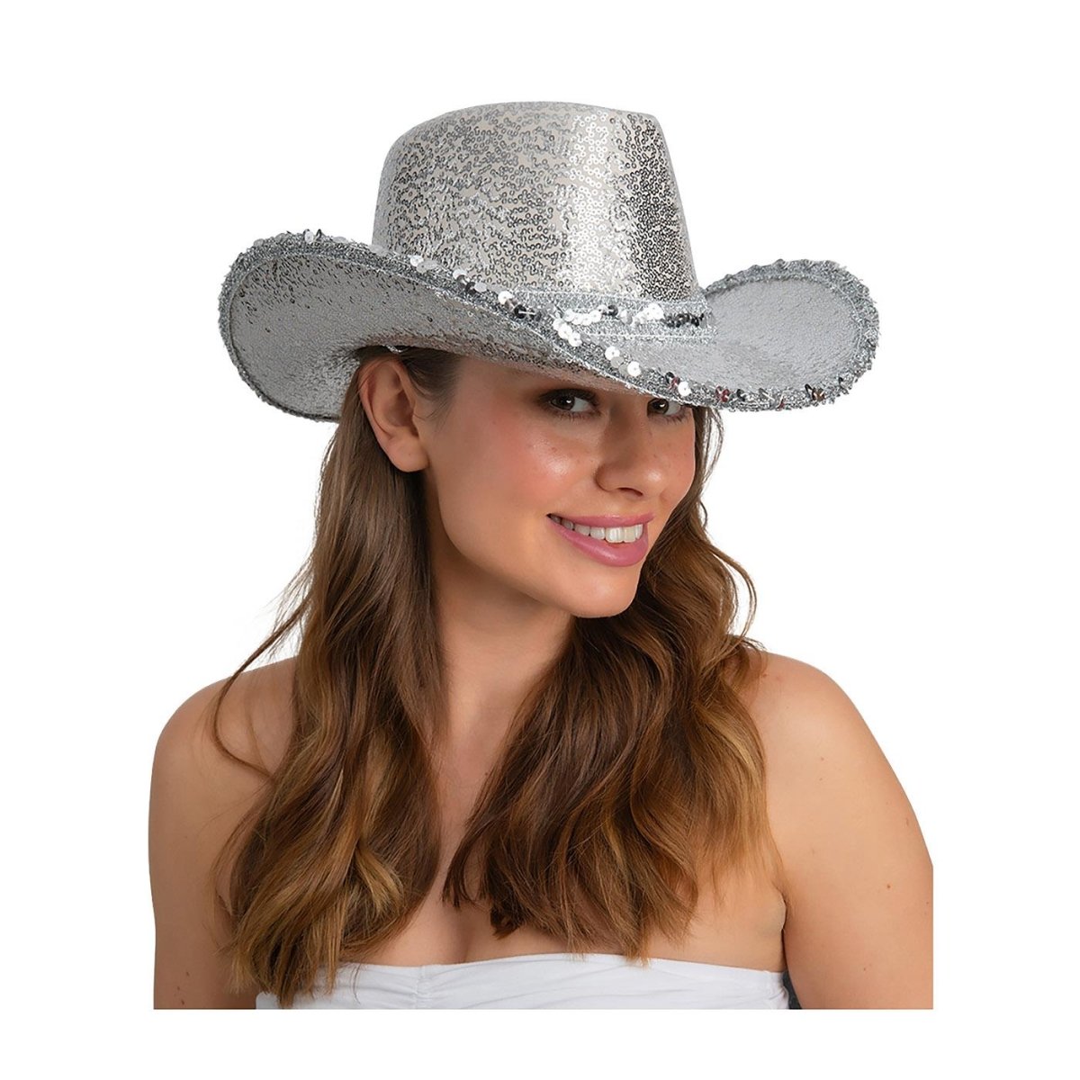 Wicked Costumes Ltd - Silver Sequin Texan Cowboy Hat - Adult - Fancy Dress Central