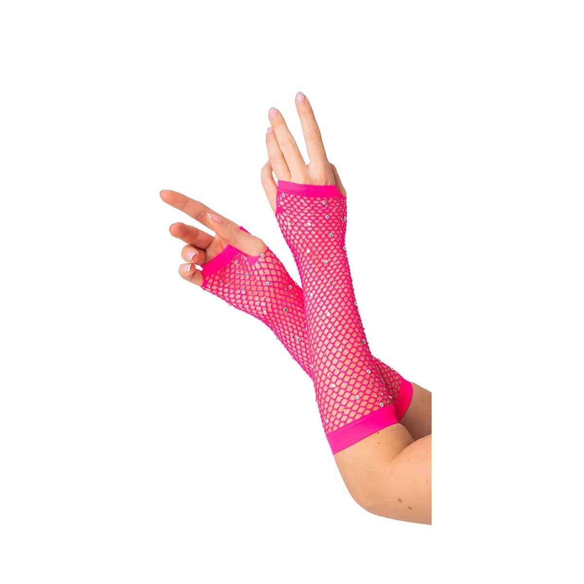Wicked Costumes Ltd - Long Net Gloves with Diamantes (Pink) - Women - Fancy Dress Central