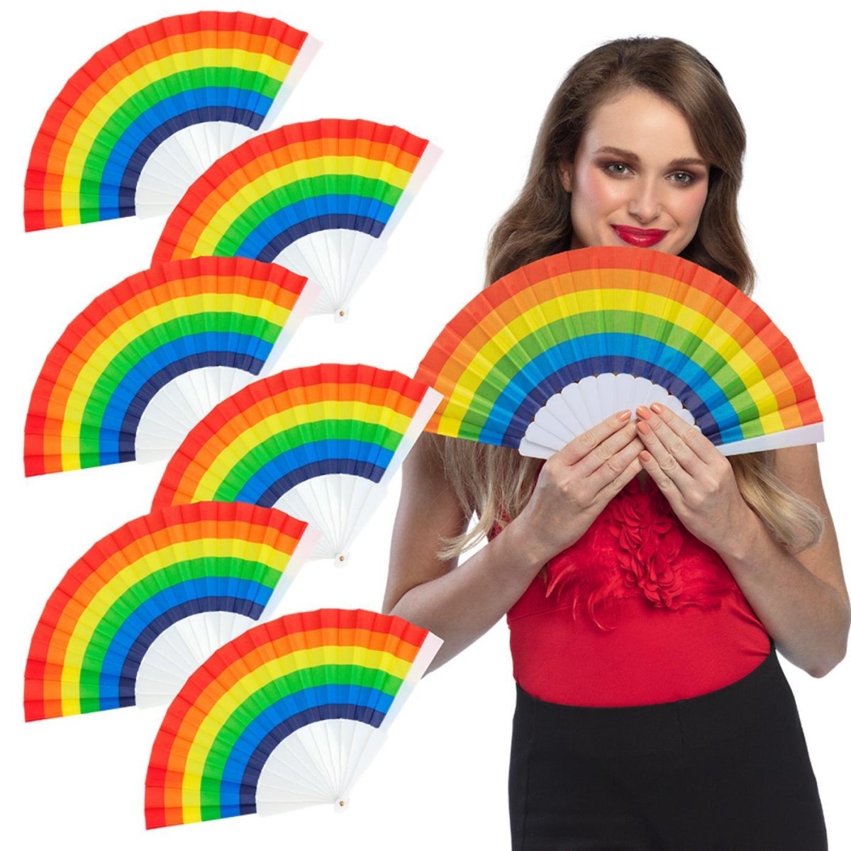 Boland - Rainbow Festival Hand Fan (6 Pack) - Adult - Fancy Dress Central