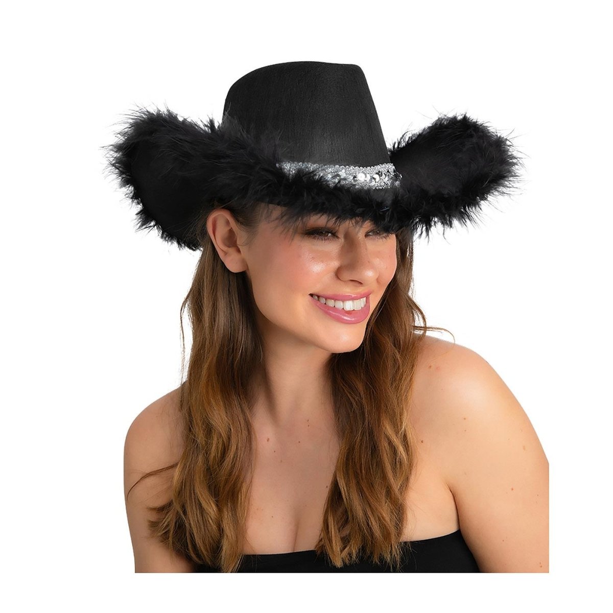 Wicked Costumes Ltd - Sequins & Marabou Feather Texan Cowboy Hat (Black) - Adult - Fancy Dress Central