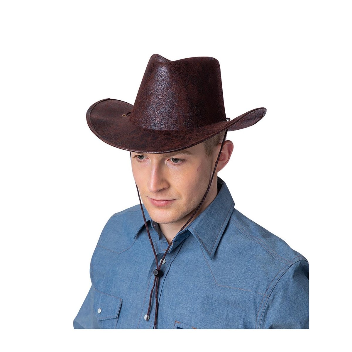 Wicked Costumes Ltd - Aged Faux Leather Texan Cowboy Hat (Brown) - Adult - Fancy Dress Central