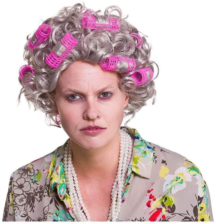 Granny Wig with Rollers (Grey) - Adult