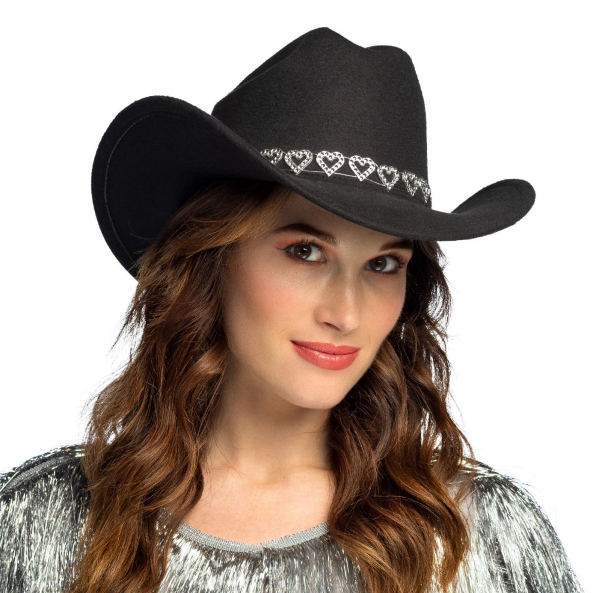 Boland - Silver Hearts Cowboy Hat (Black) - Adult - Fancy Dress Central