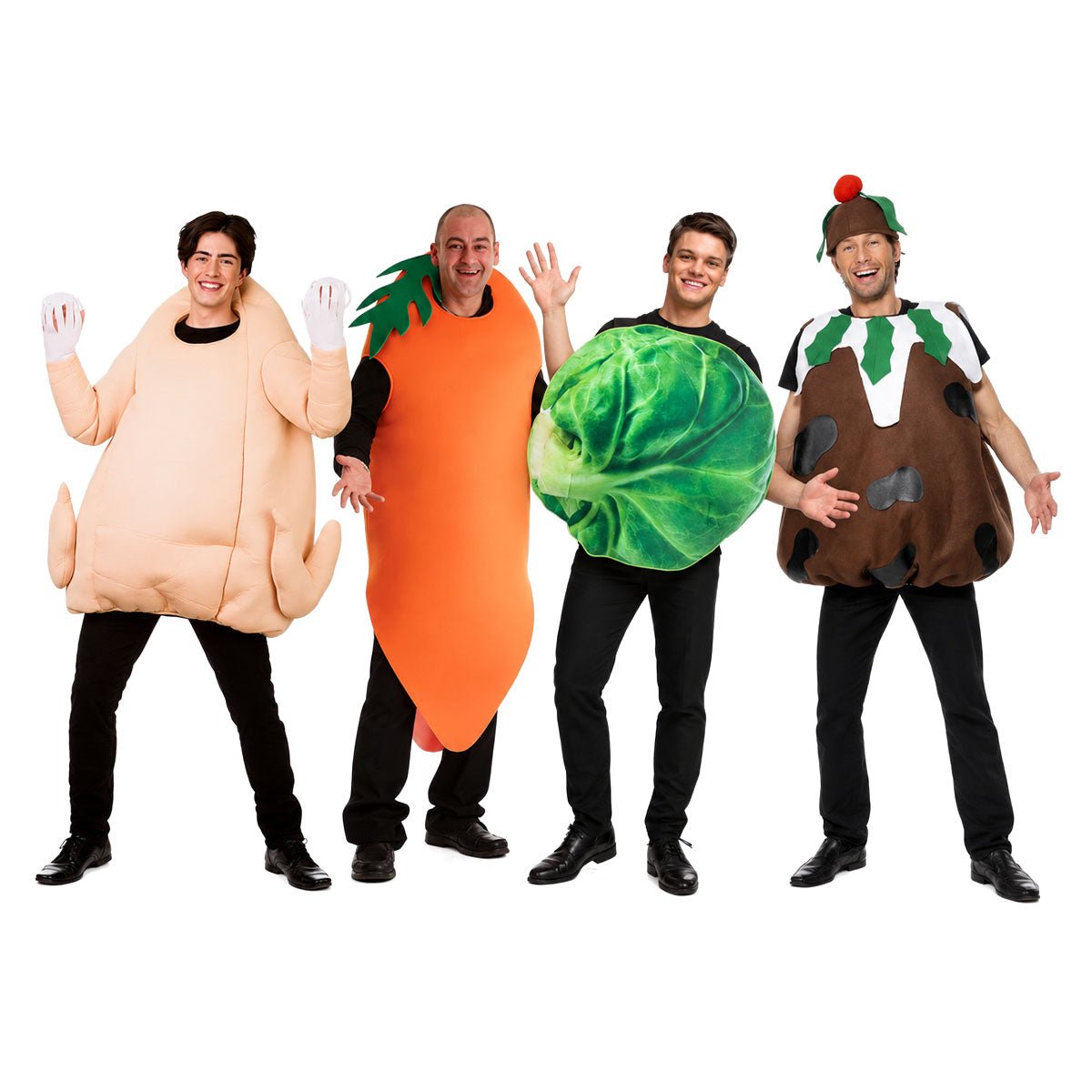 Wicked Costumes - Christmas Dinner Turkey, Carrot, Brussel Sprout & Christmas Pudding - Group Costume - Fancy Dress Central