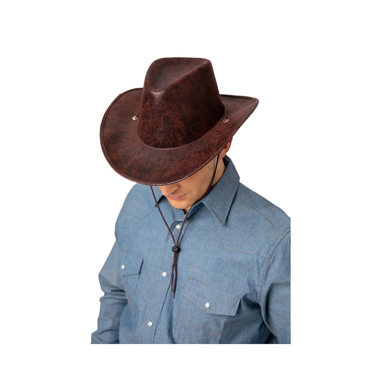Wicked Costumes Ltd - Aged Faux Leather Texan Cowboy Hat (Brown) - Adult - Fancy Dress Central