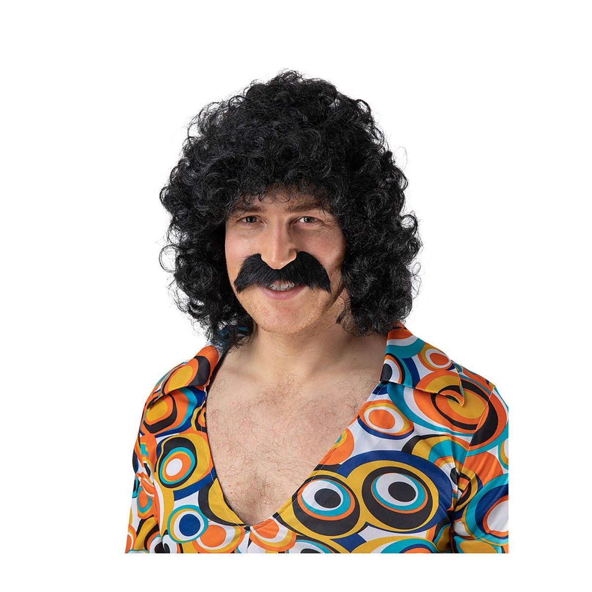 Wicked Costumes Ltd - Perm Wig with Moustache (Black) - Adult - Fancy Dress Central