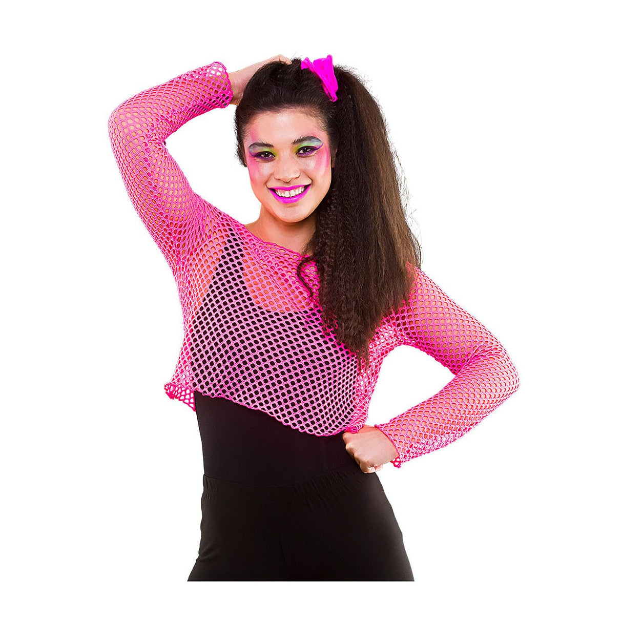 Long Sleeved Fishnet Top (Neon Pink) - Women