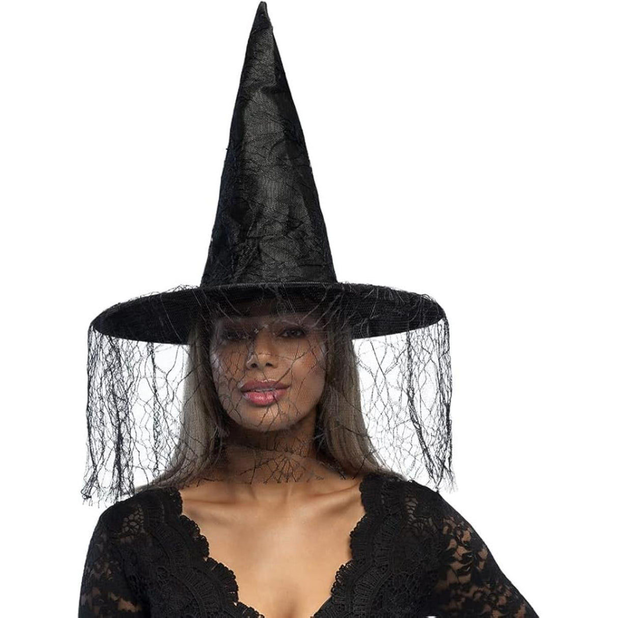 Seda Witch Hat with Lace Veil (Black) - Women