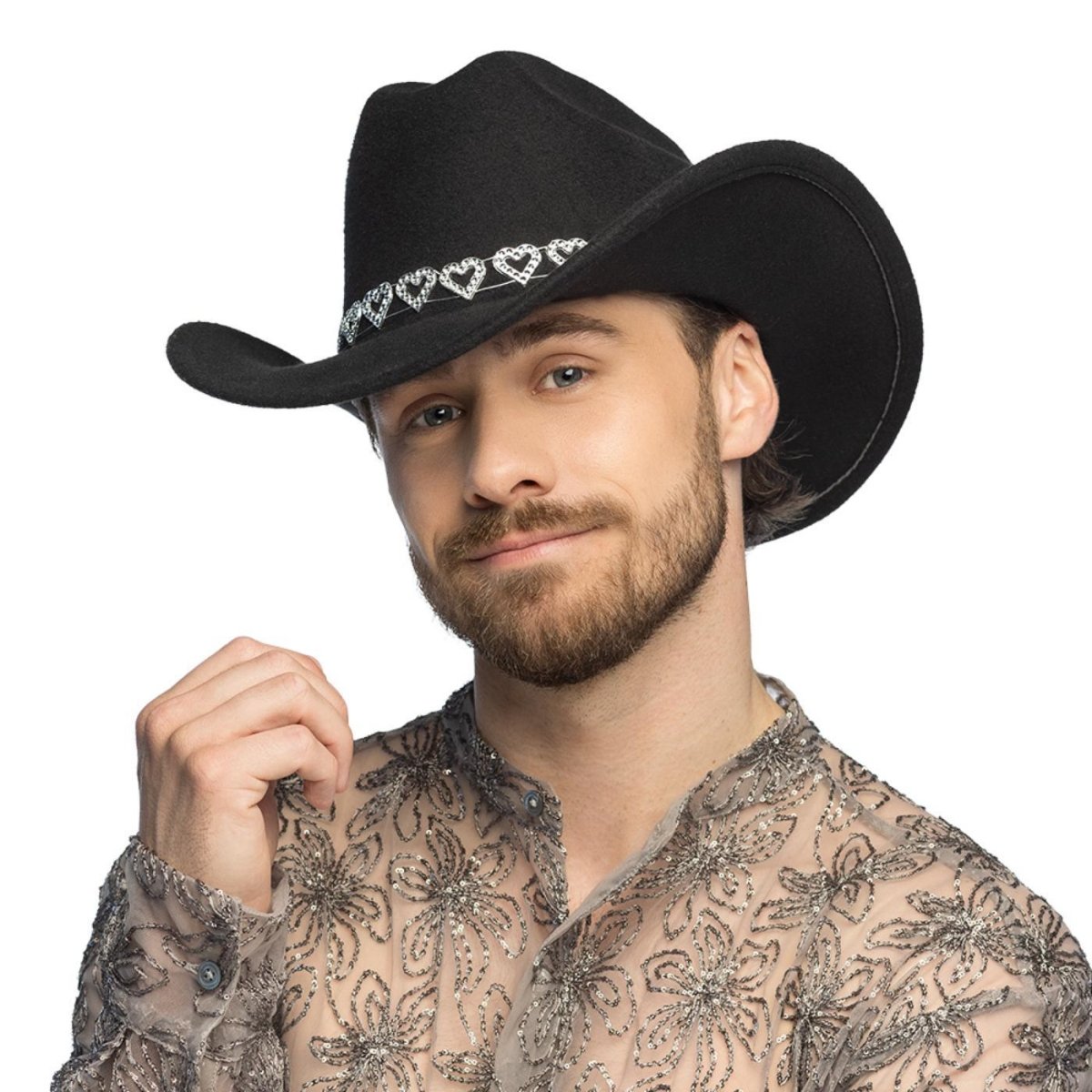Boland - Silver Hearts Cowboy Hat (Black) - Adult - Fancy Dress Central