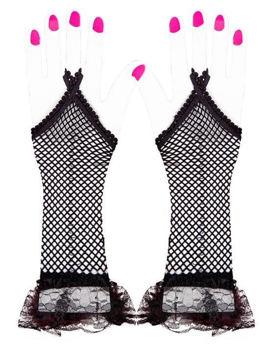 Long Net Gloves with Lace Trim (Black) - Women