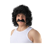 Perm Wig with Moustache (Black) - Adult