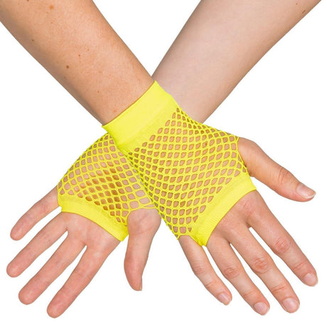 Boland - Short Mesh Fingerless Gloves (Neon Yellow) - Adult - Fancy Dress Central