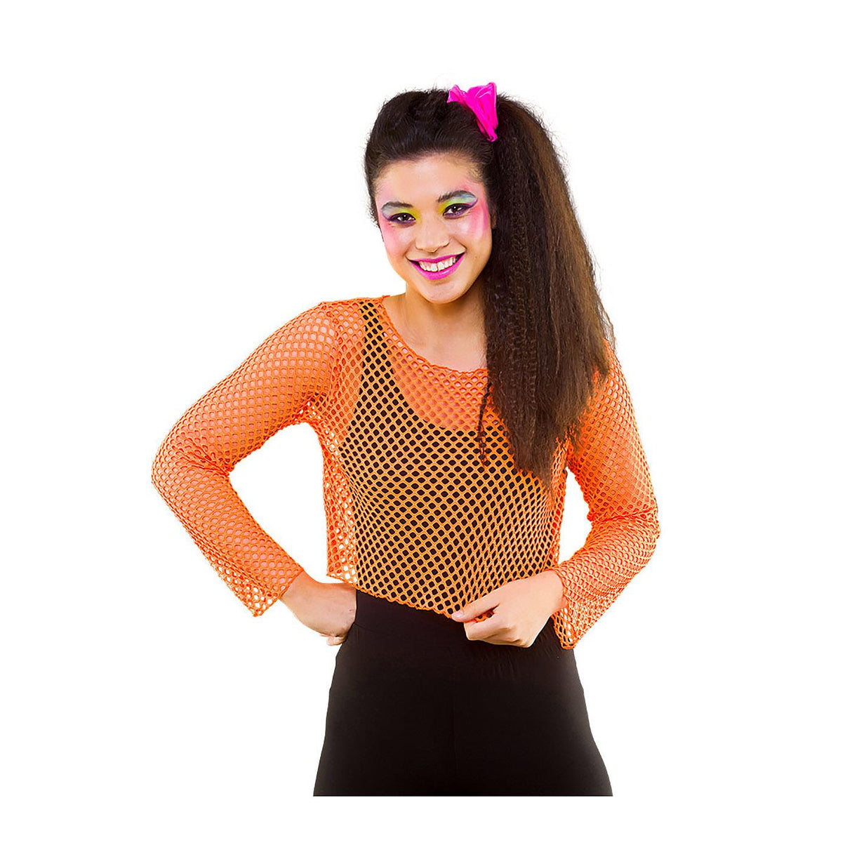 Long Sleeved Fishnet Top (Neon Orange) - Women