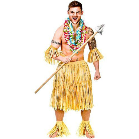 Adult Men's Hawaiian Party Guy Zulu Warrior 5 Piece Hawaiian Raffia Set