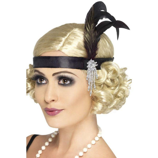 Smiffys - Roaring 20s Satin Charleston Headband (Black) - Women - Fancy Dress Central