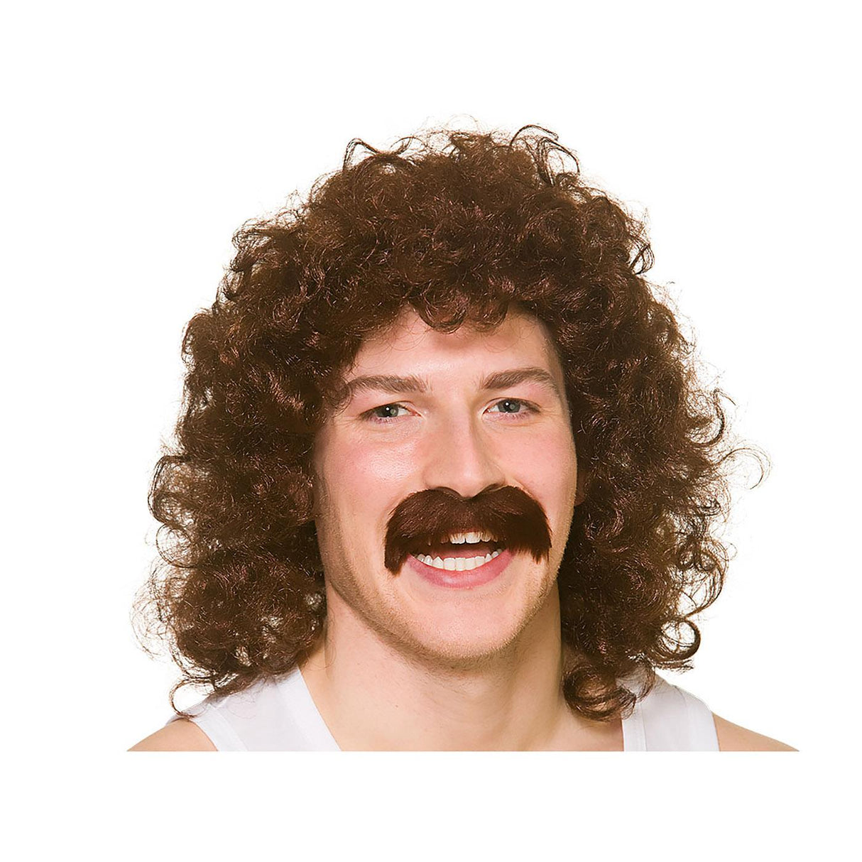 Perm Wig with Moustache (Brown) - Adult
