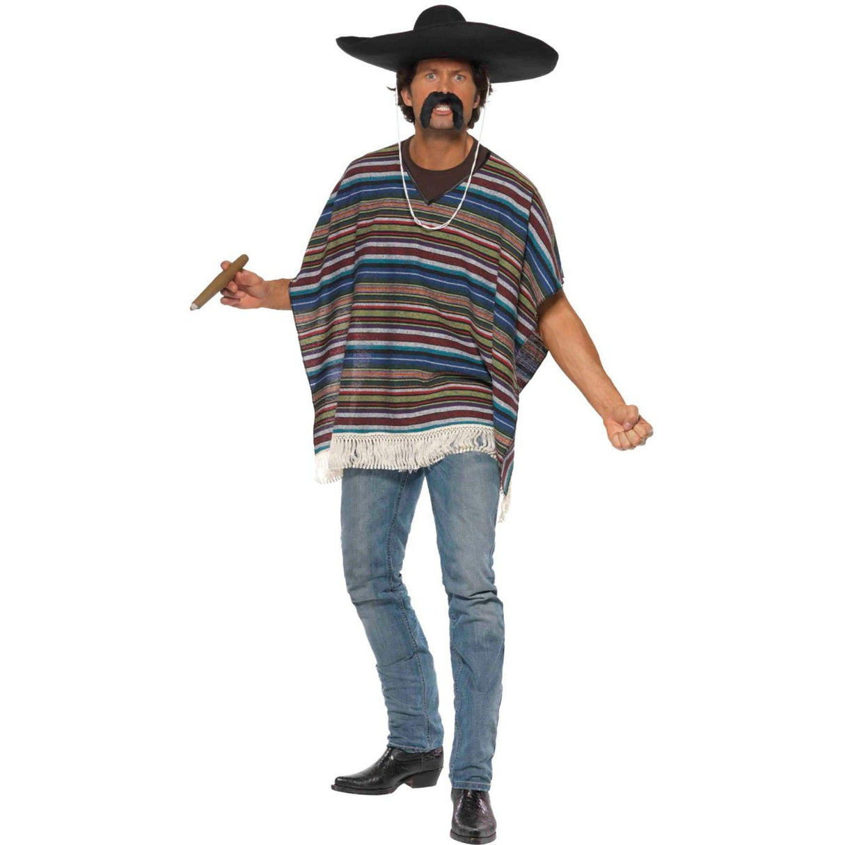 Classic Striped Mexican Poncho - Adult