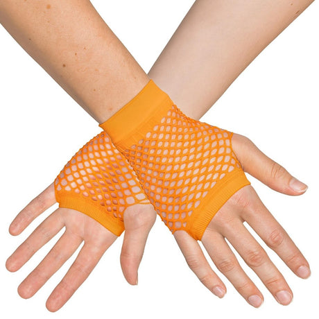 Boland - Short Mesh Fingerless Gloves (Neon Orange) - Adult - Fancy Dress Central
