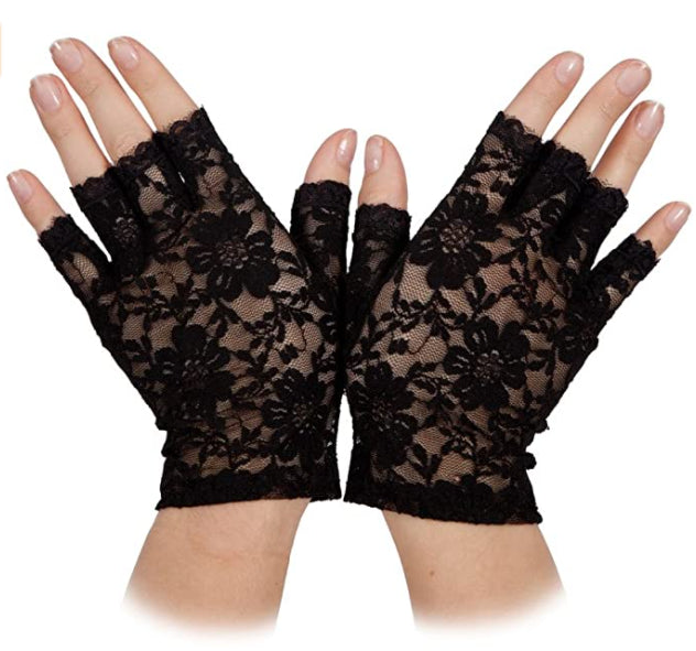 Short Lace Fingerless Gloves (Black) - Adult