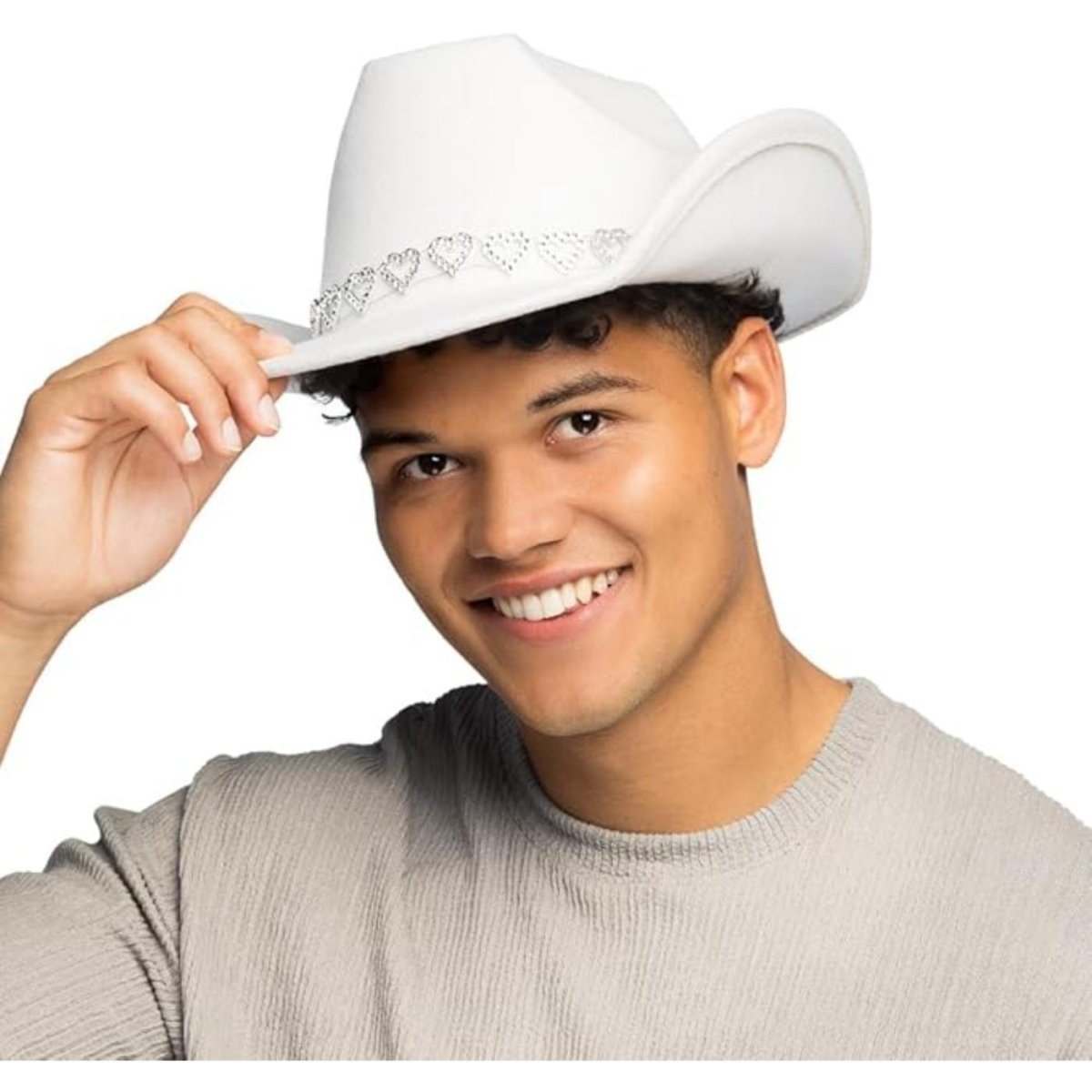 Boland - Silver Hearts Cowboy Hat (White) - Adult - Fancy Dress Central