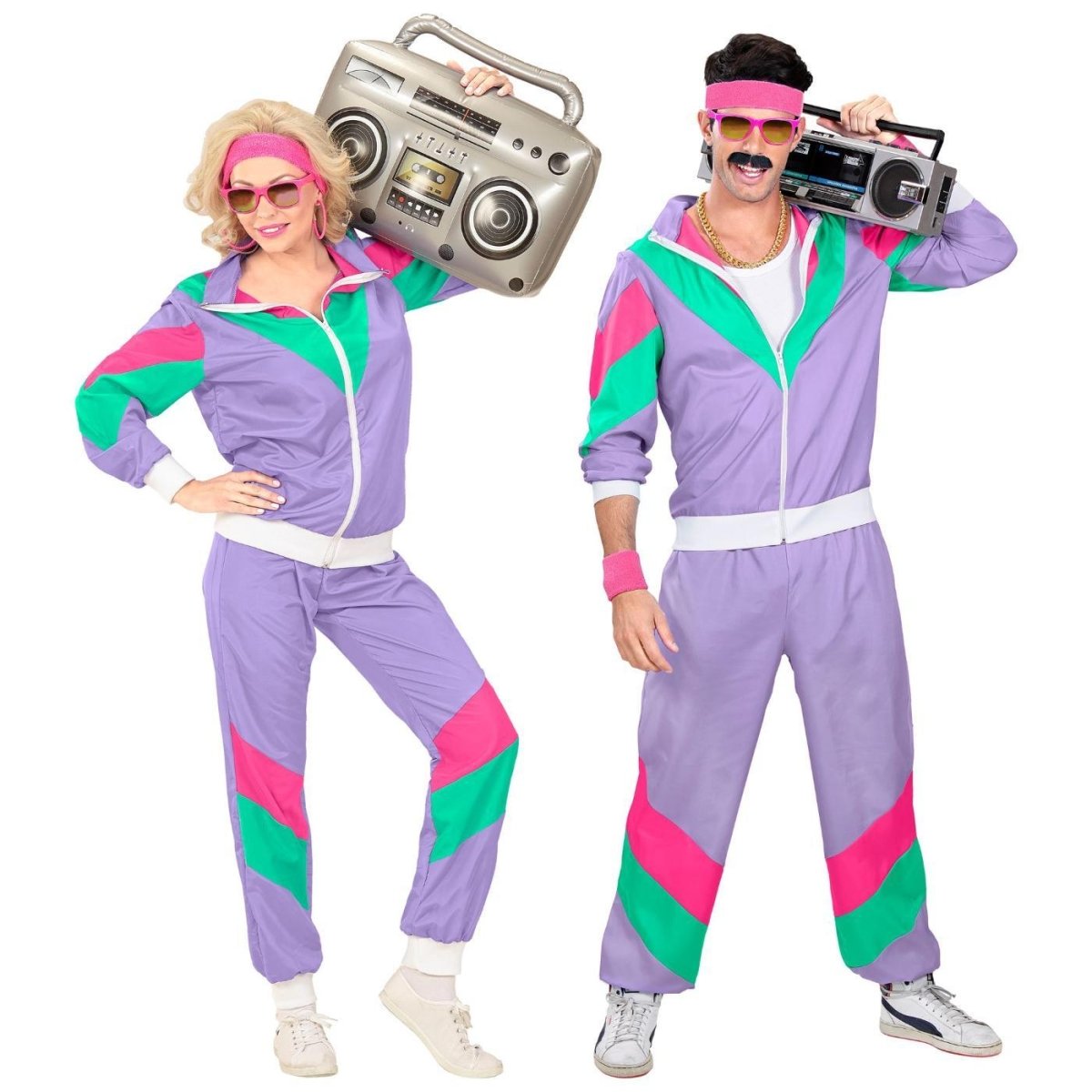 Widmann - 80s Shell Suit Costume (Purple/Pink/Green) - Adult - Fancy Dress Central