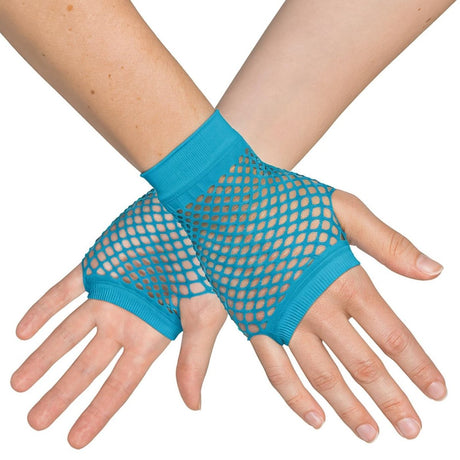 Boland - Short Mesh Fingerless Gloves (Neon Blue) - Adult - Fancy Dress Central