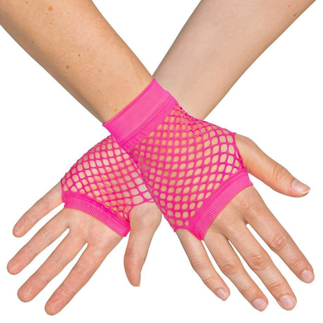 Boland - Short Mesh Fingerless Gloves (Neon Pink) - Adult - Fancy Dress Central